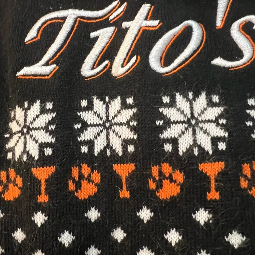 Tito's Festive Christmas Sweater with Black &‎ Orange Accents. Size Medium.
